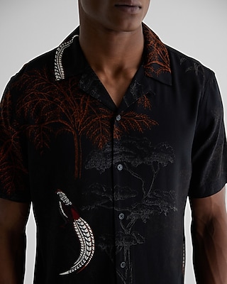 Bird & Tree Print Rayon Short Sleeve Shirt