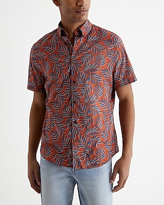 Leaf Print Cotton Stretch Short Sleeve Shirt