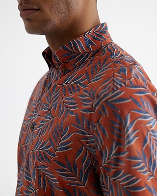 Leaf Print Cotton Stretch Short Sleeve Shirt