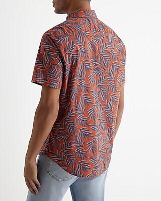 Leaf Print Cotton Stretch Short Sleeve Shirt