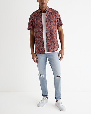 Leaf Print Cotton Stretch Short Sleeve Shirt