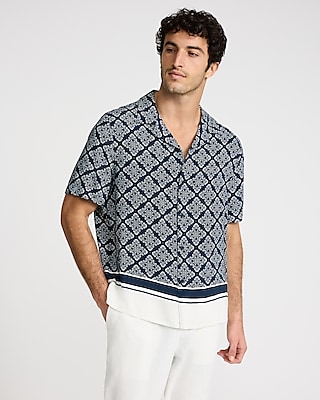 Border Geo Print Rayon Short Sleeve Shirt