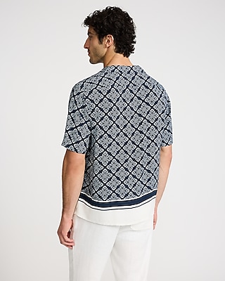 Border Geo Print Rayon Short Sleeve Shirt