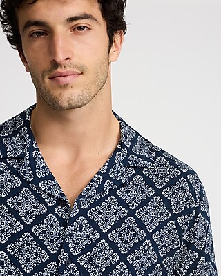 Border Geo Print Rayon Short Sleeve Shirt