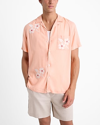 Embroidered Floral Rayon Short Sleeve Shirt