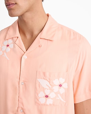 Embroidered Floral Rayon Short Sleeve Shirt