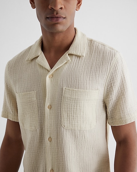 Men's Short-Sleeve Textured Cotton Shirt, Men's Tops