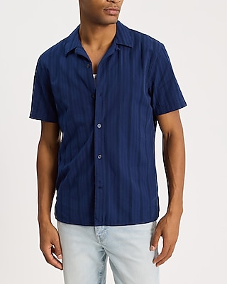 Textured Stripe Cotton Short Sleeve Shirt