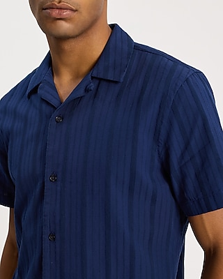 Textured Stripe Cotton Short Sleeve Shirt