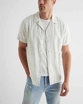 Texture Print Stretch Linen Short Sleeve Shirt