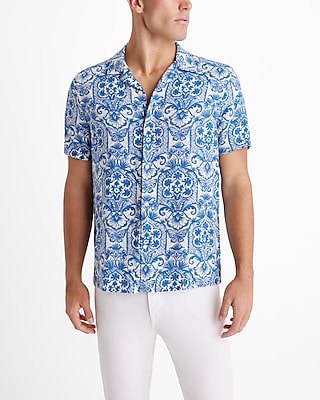 butterfly floral linen-blend short sleeve shirt
