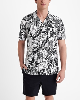 leopard palm print linen-blend short sleeve shirt