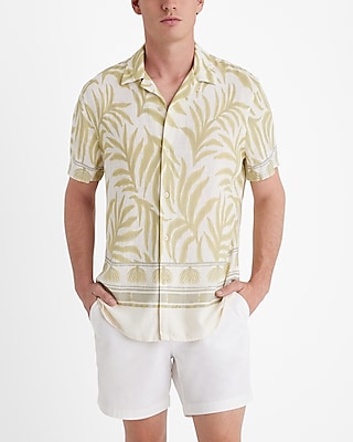 bordered palm linen-blend short sleeve shirt