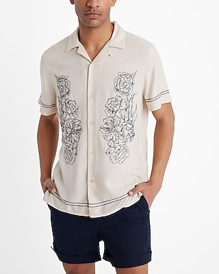 Embroidered Border Floral Graphic Rayon Short Sleeve Shirt