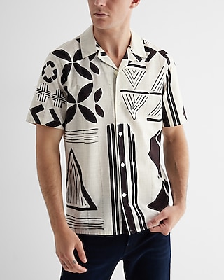 Tribal Print Textured Stripe Cotton Short Sleeve Shirt