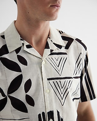 Tribal Print Textured Stripe Cotton Short Sleeve Shirt