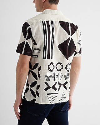 Tribal Print Textured Stripe Cotton Short Sleeve Shirt