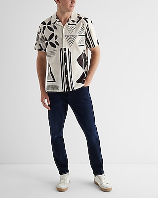 Tribal Print Textured Stripe Cotton Short Sleeve Shirt