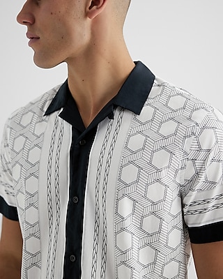 Border Geo Print Stretch Cotton Short Sleeve Shirt