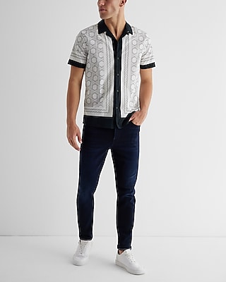 Border Geo Print Stretch Cotton Short Sleeve Shirt
