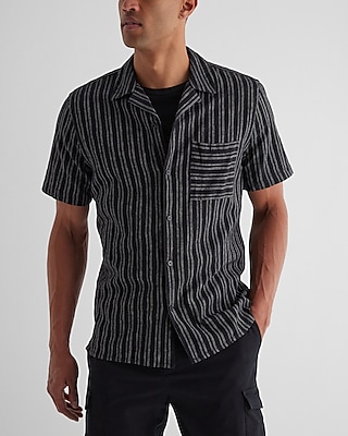 Striped Stretch Linen-Blend Short Sleeve Shirt