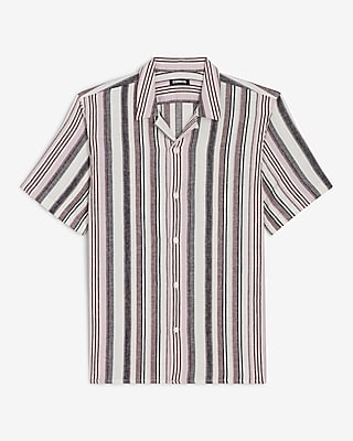 Striped Linen-Cotton Blend Short Sleeve Shirt