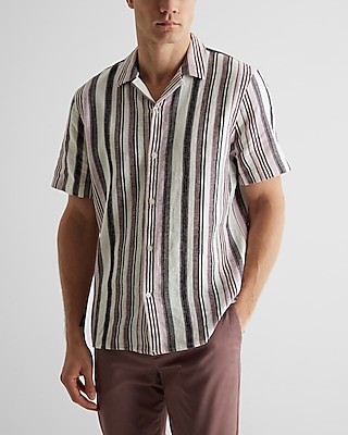 Striped Linen-Cotton Blend Short Sleeve Shirt