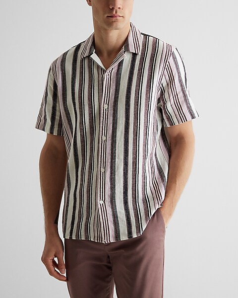 Striped Linen-cotton Blend Short Sleeve Shirt | Express