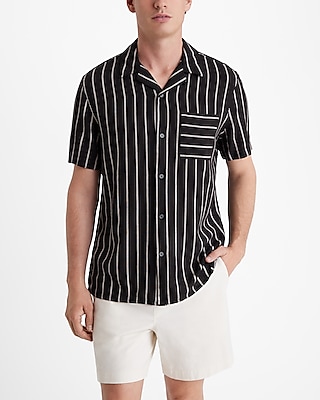 double striped linen-blend short sleeve shirt