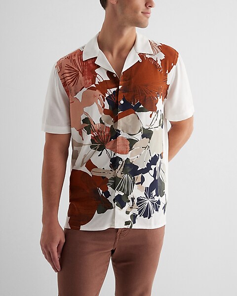 Graphic Floral Print Rayon Short Sleeve Shirt