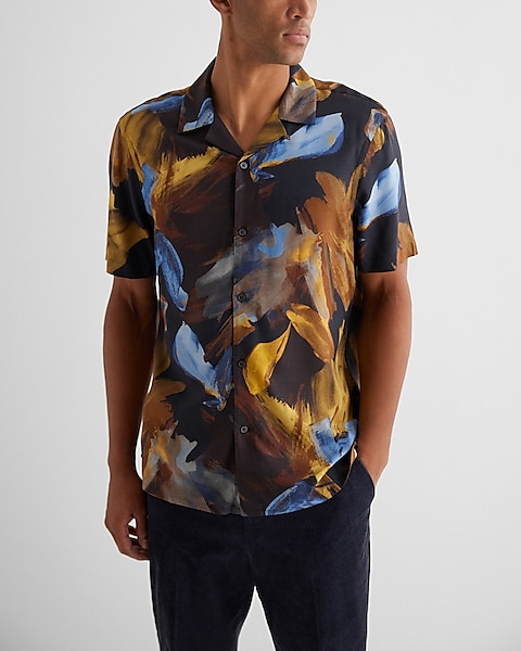 Abstract Painted Floral Rayon Short Sleeve Shirt | Express