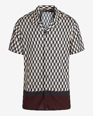 Bordered Geo Print Rayon Short Sleeve Shirt