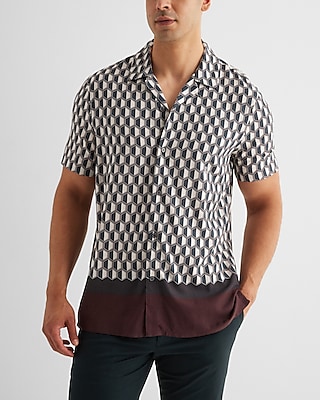 Bordered Geo Print Rayon Short Sleeve Shirt