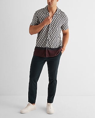 Bordered Geo Print Rayon Short Sleeve Shirt