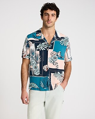 Floral Bird Patchwork Rayon Short Sleeve Shirt