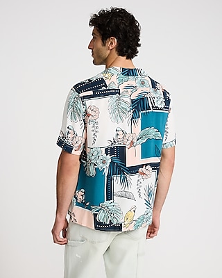 Floral Bird Patchwork Rayon Short Sleeve Shirt
