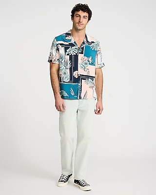 Floral Bird Patchwork Rayon Short Sleeve Shirt