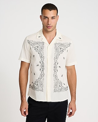 Embroidered Bandana Print Cotton Short Sleeve Shirt
