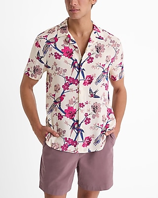 Floral Bird Rayon Short Sleeve Shirt