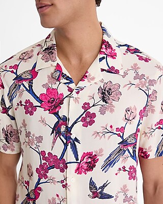 Floral Bird Rayon Short Sleeve Shirt