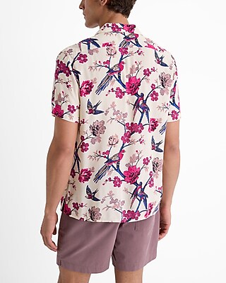 Floral Bird Rayon Short Sleeve Shirt