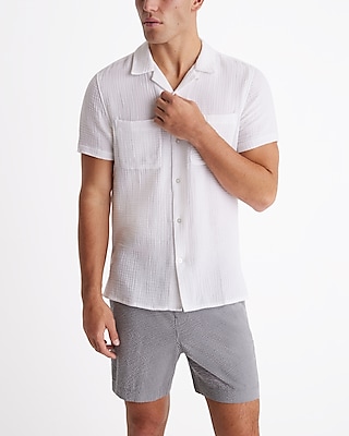 Crinkle Textured Cotton Short Sleeve Shirt Men's