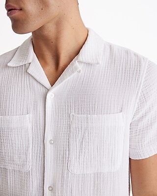 Crinkle Textured Cotton Short Sleeve Shirt | Express
