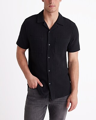 Crinkle Textured Cotton Short Sleeve Shirt
