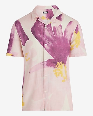 Watercolor Floral Linen-Blend Short Sleeve Shirt