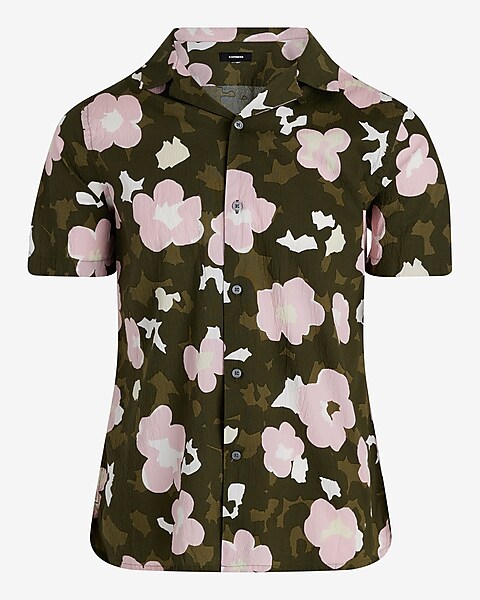 Textured Abstract Floral Cotton Stretch Short Sleeve Shirt