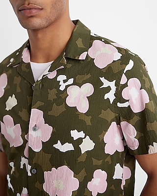 Textured Abstract Floral Cotton Stretch Short Sleeve Shirt