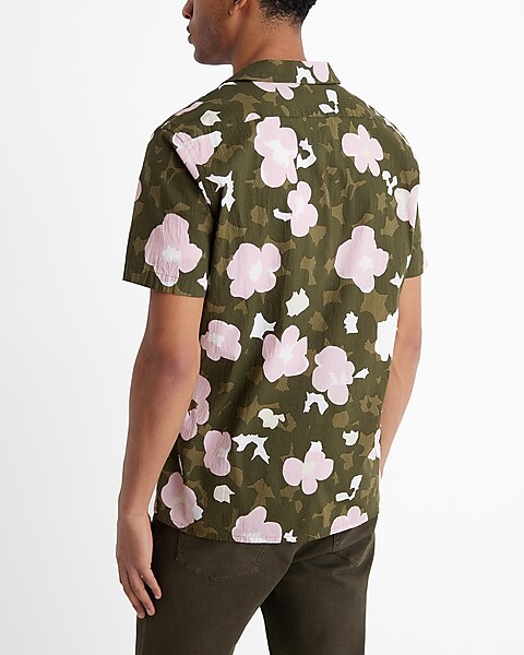 Textured Abstract Floral Cotton Stretch Short Sleeve Shirt