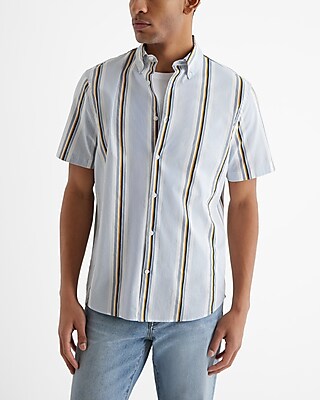 Striped Cotton Stretch Short Sleeve Shirt White Men's M