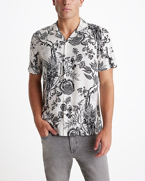 Floral Bird Print Rayon Short Sleeve Shirt
